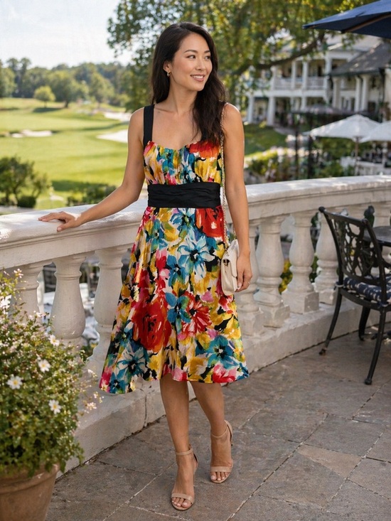 B. Smart Dresses & Skirts - B. Smart Multicolor Floral Midi Dress with Black Waistband